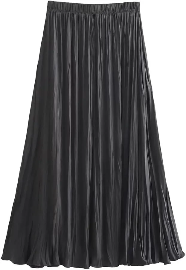 Women's Spring Summer Elastic Waist Pleated Skirt Casual Solid Color Commuter Midi Skirt