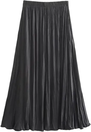 Women's Spring Summer Elastic Waist Pleated Skirt Casual Solid Color Commuter Midi Skirt