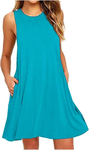 Womens Summer Dresses 2024 Casual Solid Color Sleeveless Sun Dresses Ladies Loose Fit Crewneck Swing Dress