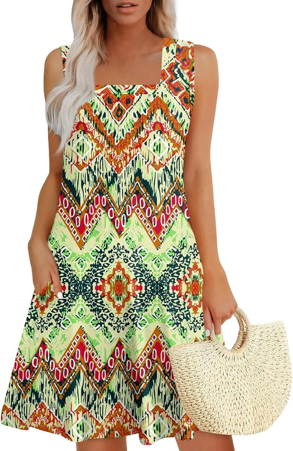 Womens Summer Dresses Flowy Sleeveless Mini Dress Beach Casual Sundresses Prited Tshirt Tank Dresses with Pockets