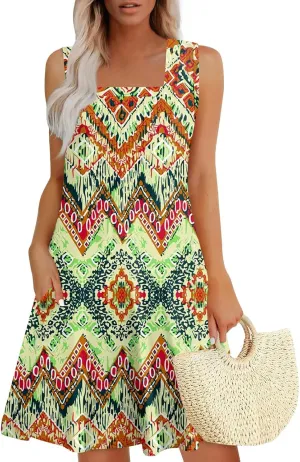 Womens Summer Dresses Flowy Sleeveless Mini Dress Beach Casual Sundresses Prited Tshirt Tank Dresses with Pockets