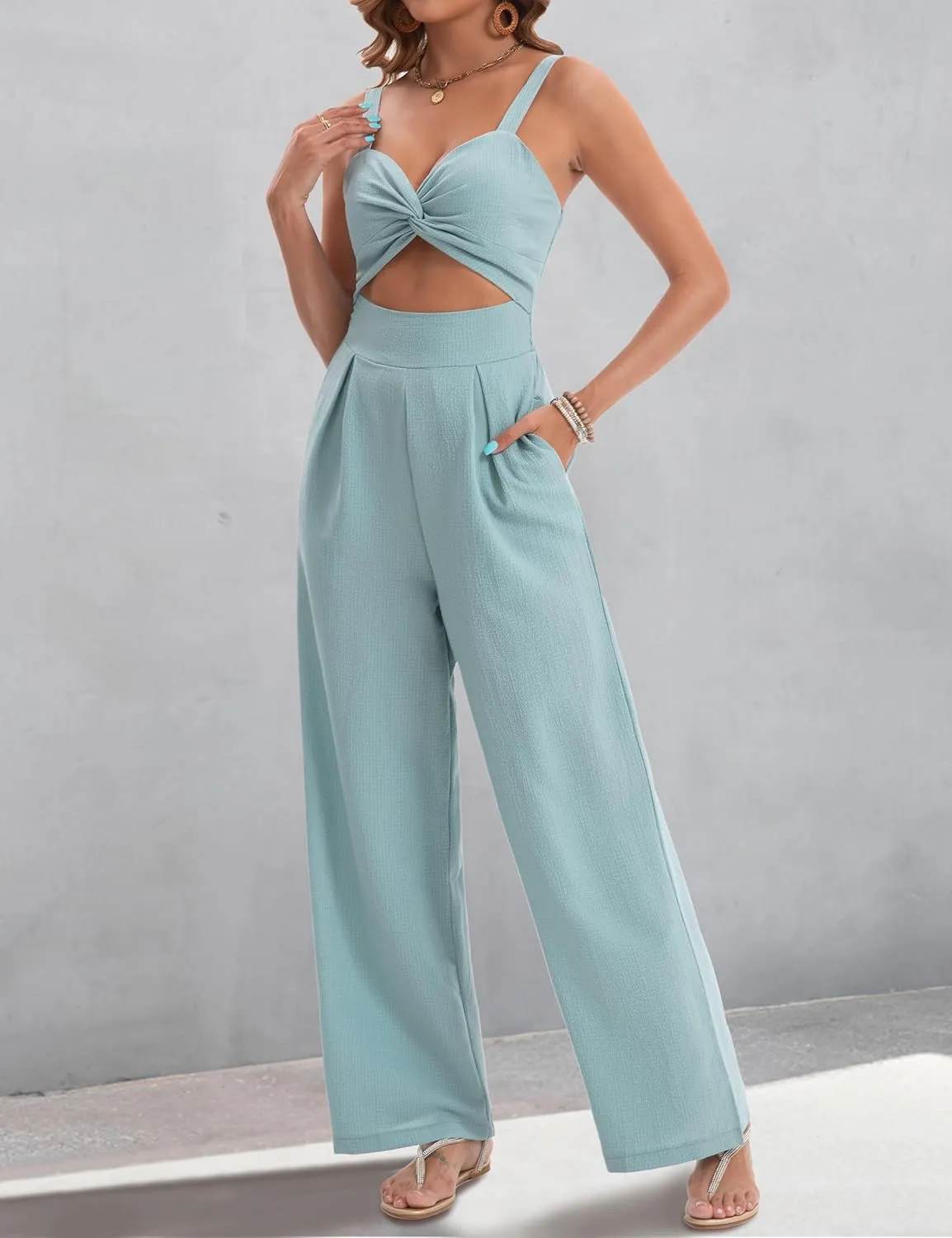 Womens Summer Jumpsuits Dressy Sexy V Neck Twist One Piece Outfits Sleeveless Casual Wide Leg Long Pant Rompers