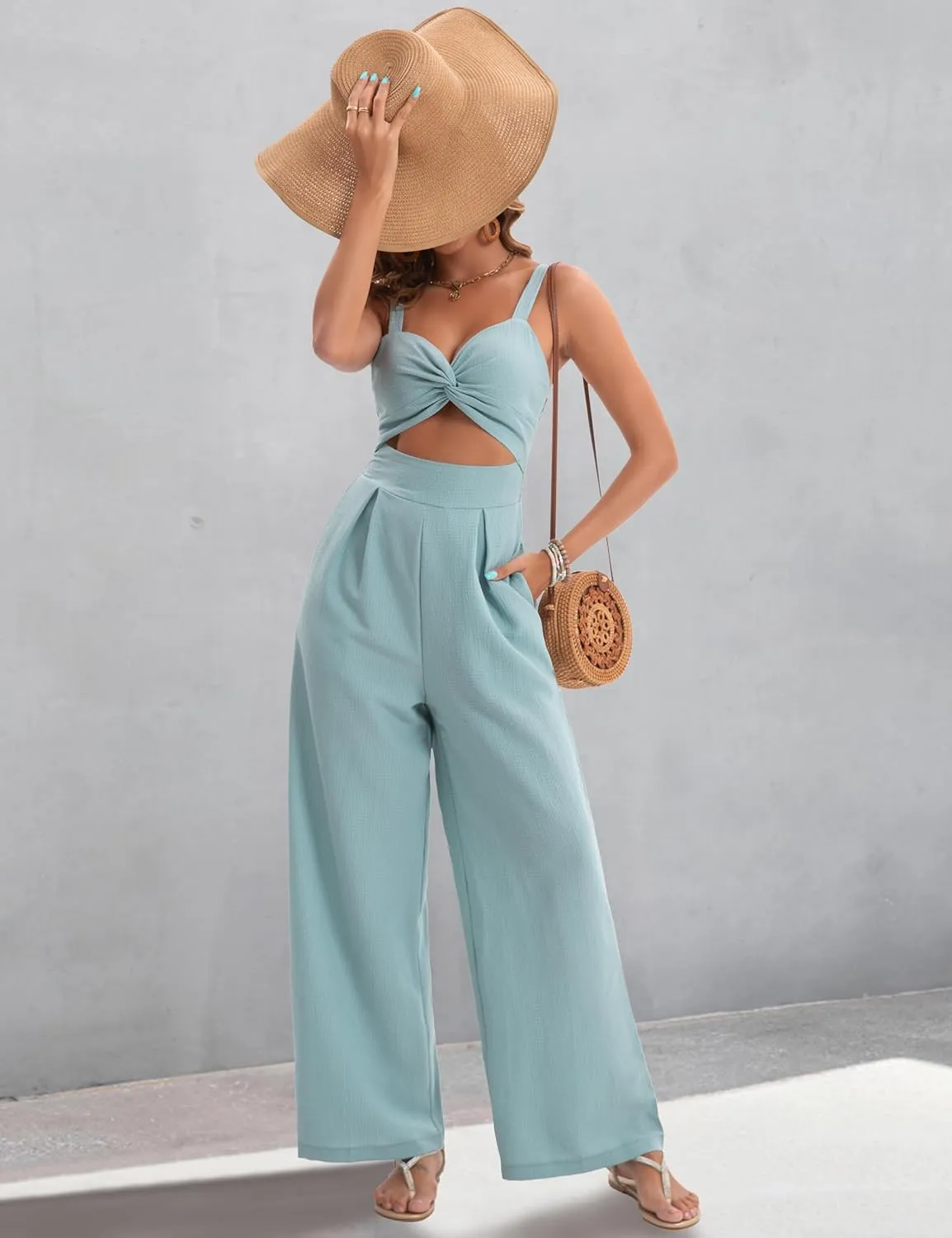 Womens Summer Jumpsuits Dressy Sexy V Neck Twist One Piece Outfits Sleeveless Casual Wide Leg Long Pant Rompers