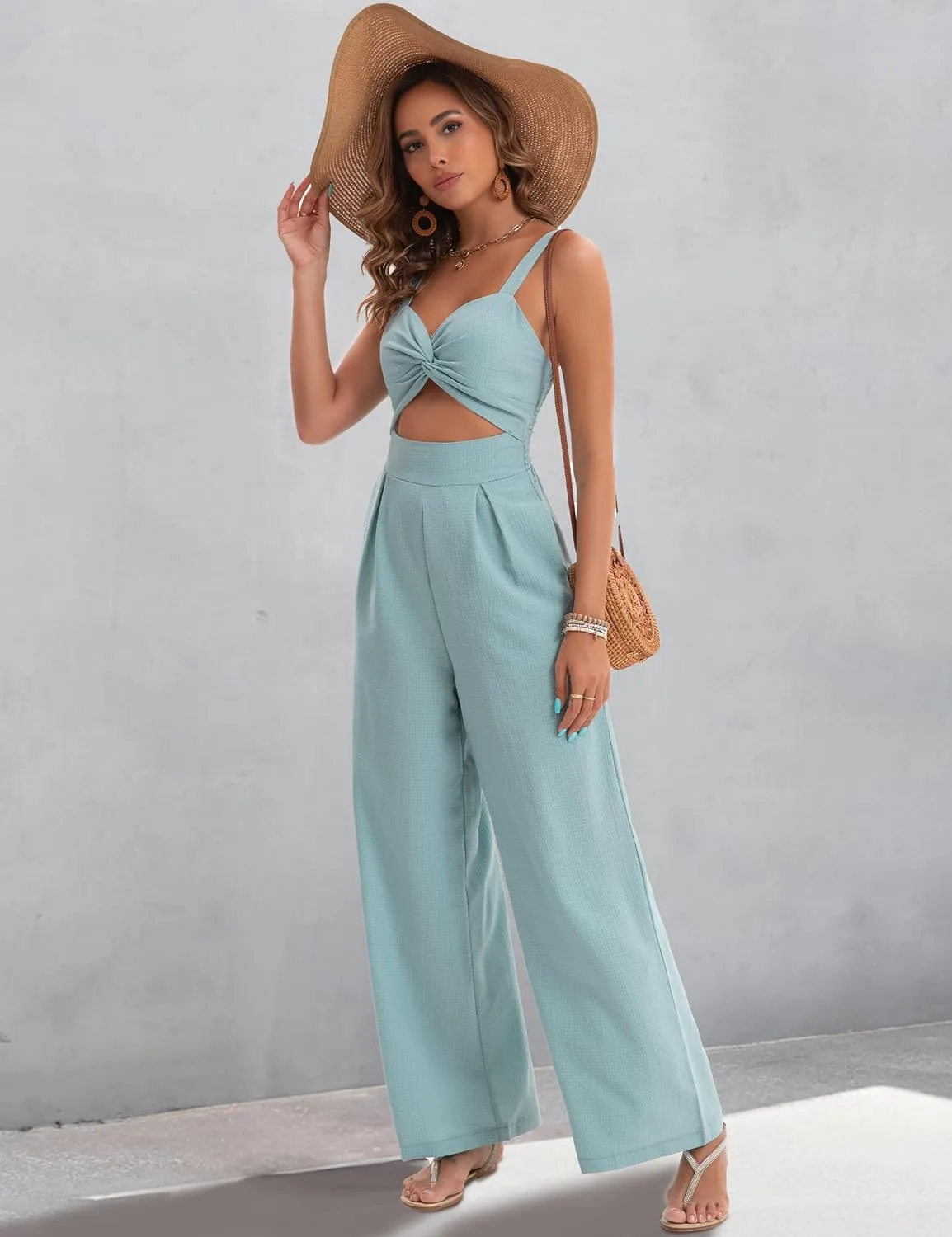 Womens Summer Jumpsuits Dressy Sexy V Neck Twist One Piece Outfits Sleeveless Casual Wide Leg Long Pant Rompers