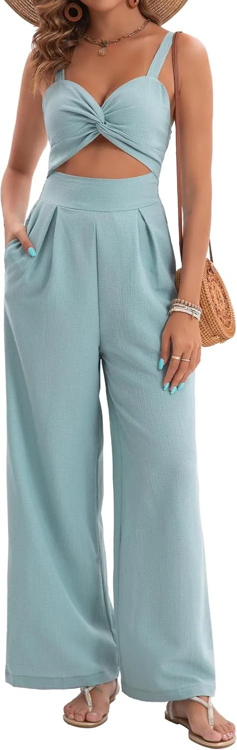 Womens Summer Jumpsuits Dressy Sexy V Neck Twist One Piece Outfits Sleeveless Casual Wide Leg Long Pant Rompers