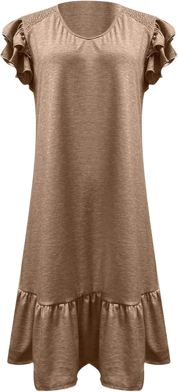 Women's Summer Ruffle Cap Sleeveless Smocked Textured Dress V Neck Flowy Mini Dresses Beach Tunic Swing Dress