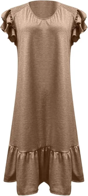 Women's Summer Ruffle Cap Sleeveless Smocked Textured Dress V Neck Flowy Mini Dresses Beach Tunic Swing Dress