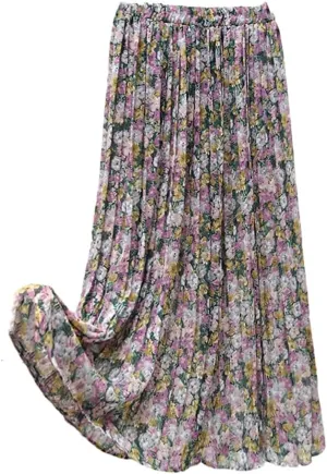 Womens Summer Skirts Womens Vintage Print Chiffon Pleated Skirt Women Casual Elastic High Waist Midi Skirt