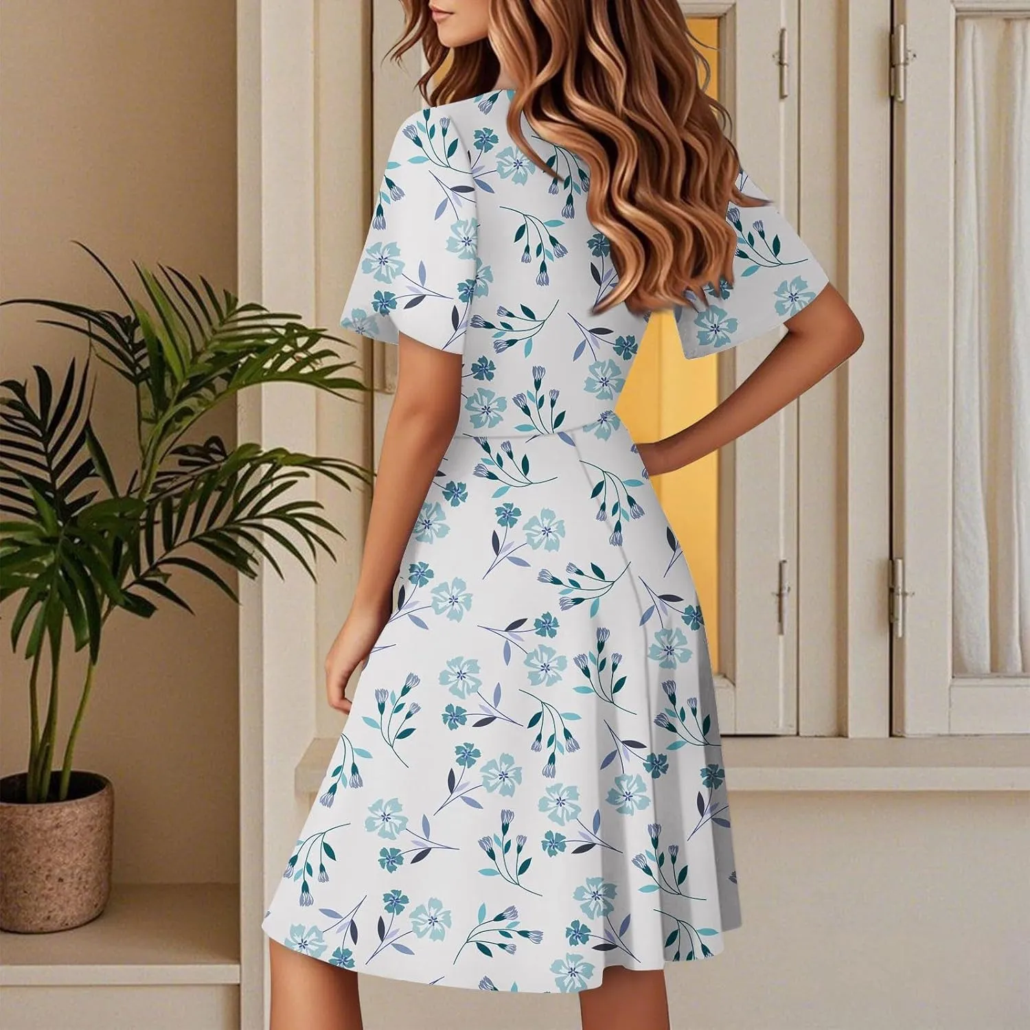 Womens Sundress Summer Casual Swing Floral Short Sleeve Beach Vacation Dresses Wrap V Neck A-Line Midi Dress 2025