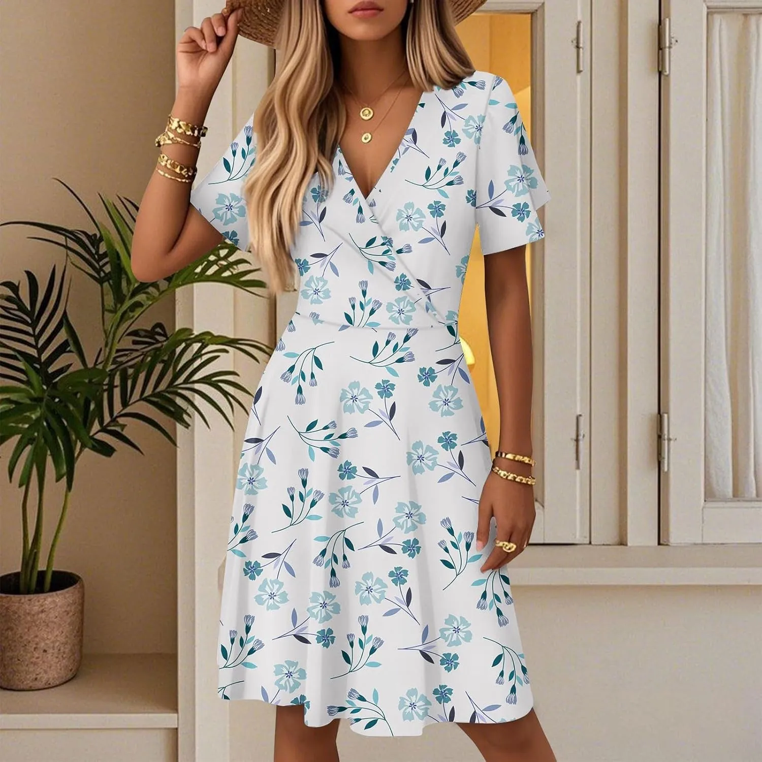 Womens Sundress Summer Casual Swing Floral Short Sleeve Beach Vacation Dresses Wrap V Neck A-Line Midi Dress 2025