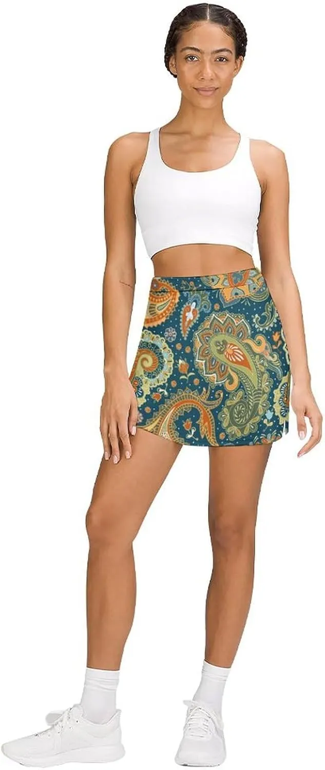 Women's Tennis Skirt 70s Paisley Print Athletic Golf Skorts for Woman with Pockets Summer Mini Skirts Workout Outfits