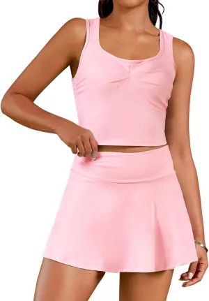Womens Tennis Skirt Set Sleeveless Athletic Dress with Shorts Workout Crop Tank Top Golf Outfits
