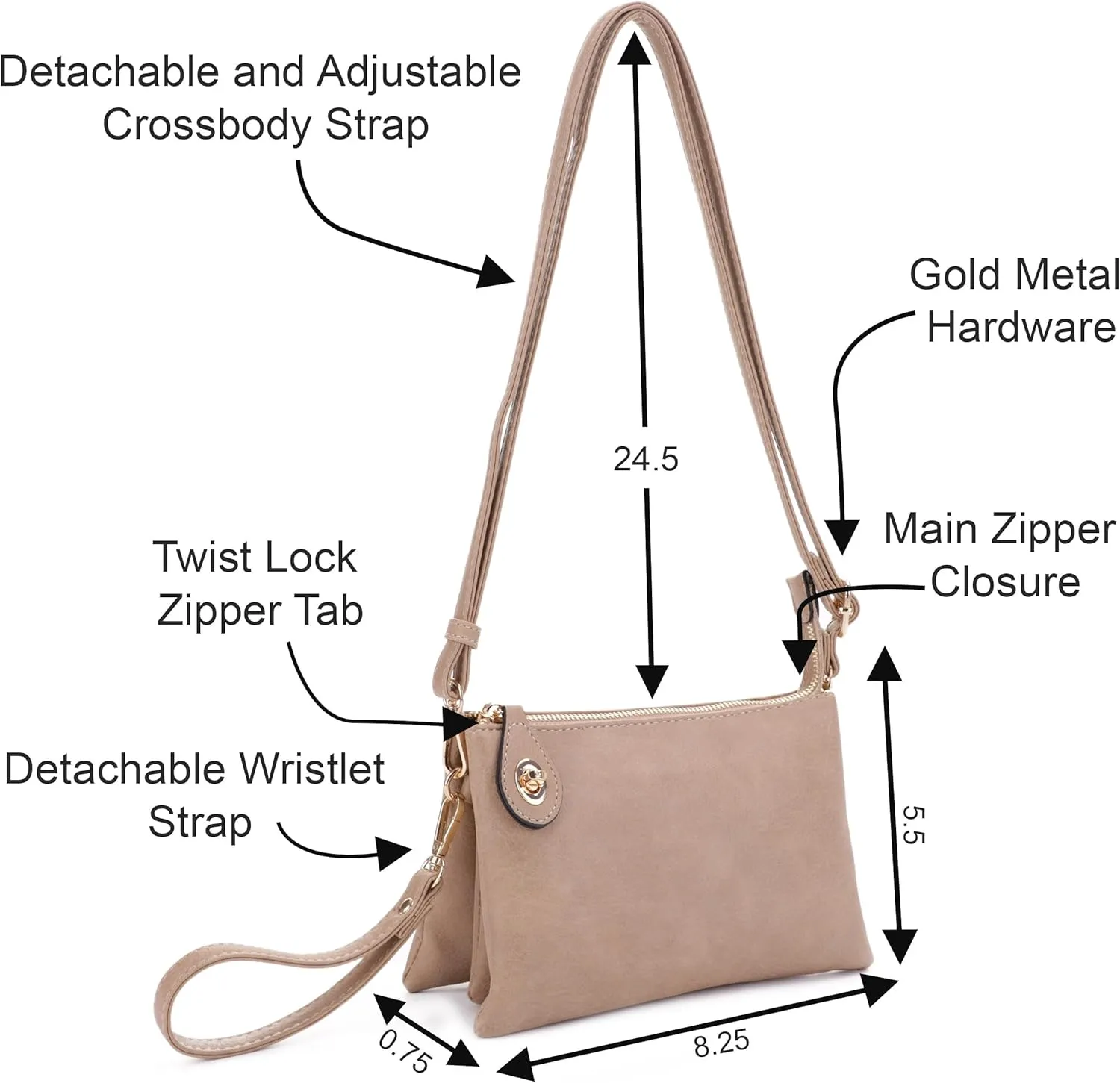 Women's Turn Lock Closure Wristlet Clutch and Crossbody, Multiple Compartment