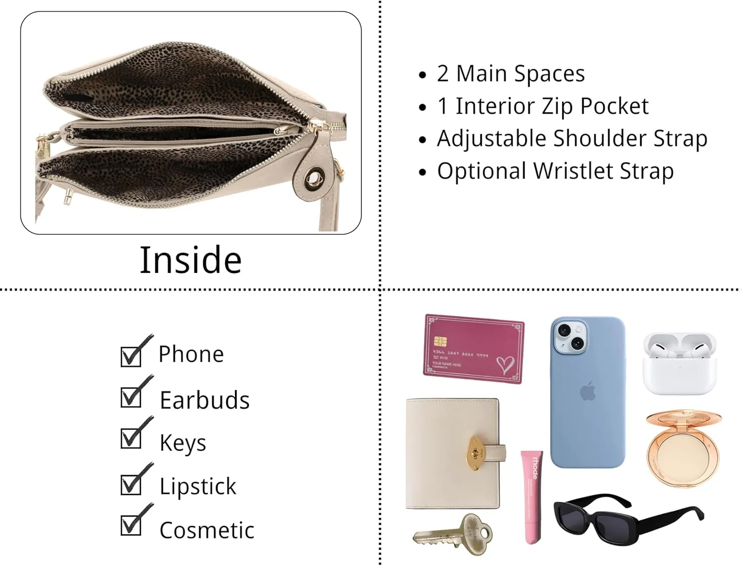 Women's Turn Lock Closure Wristlet Clutch and Crossbody, Multiple Compartment