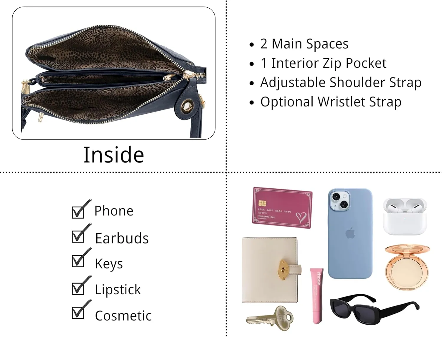 Women's Turn Lock Closure Wristlet Clutch and Crossbody, Multiple Compartment