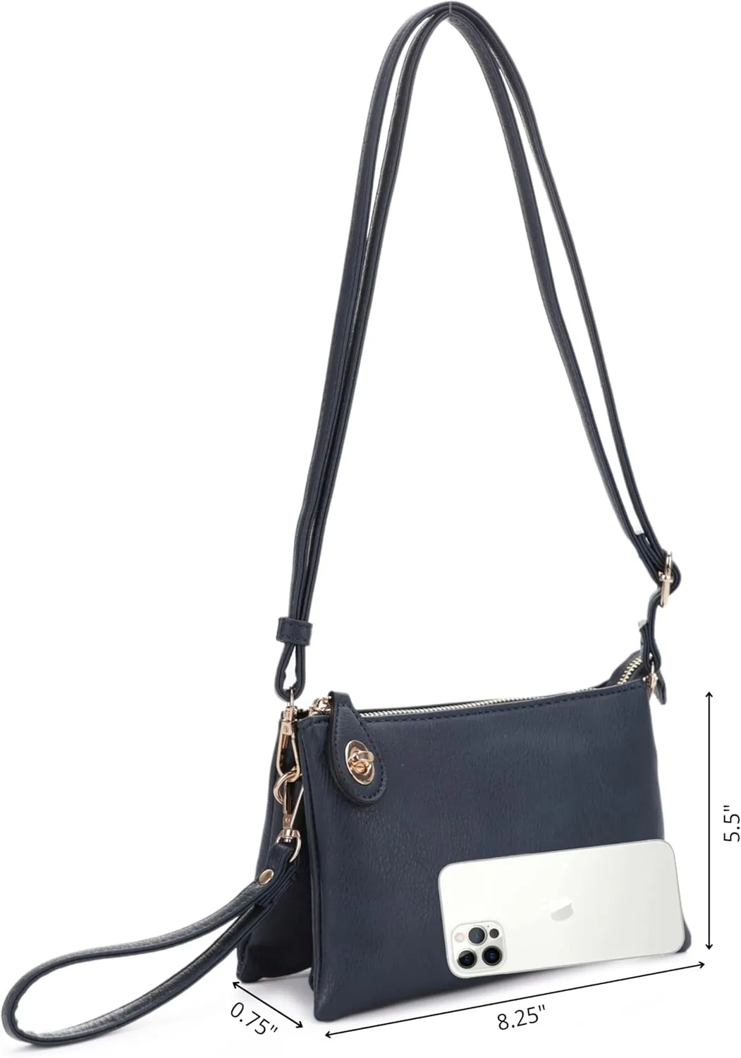 Women's Turn Lock Closure Wristlet Clutch and Crossbody, Multiple Compartment