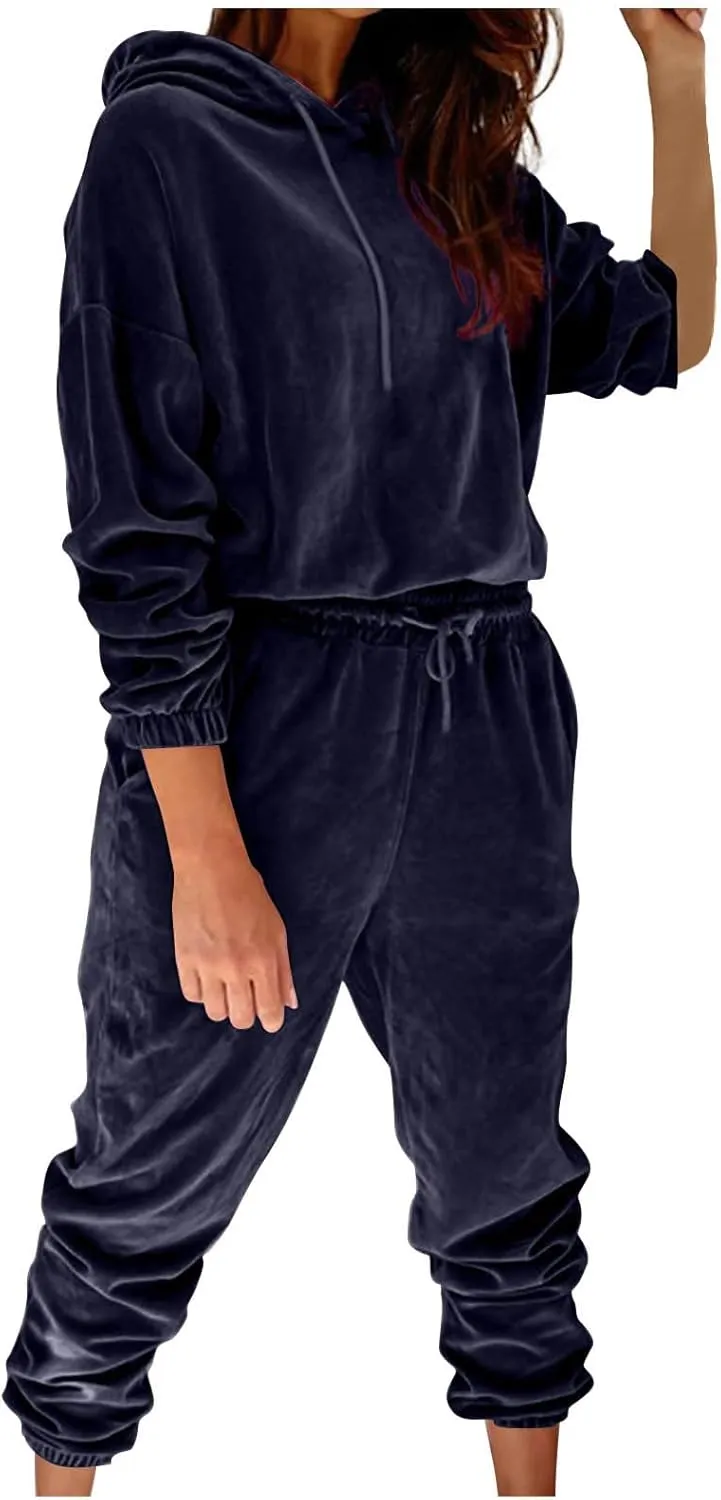 Womens Velvet Tracksuit Set Long Sleeve Hoodie Jumpers Jogger Pants 2 Piece Solid Sweatshirt and Sweatpants Sweatsuits