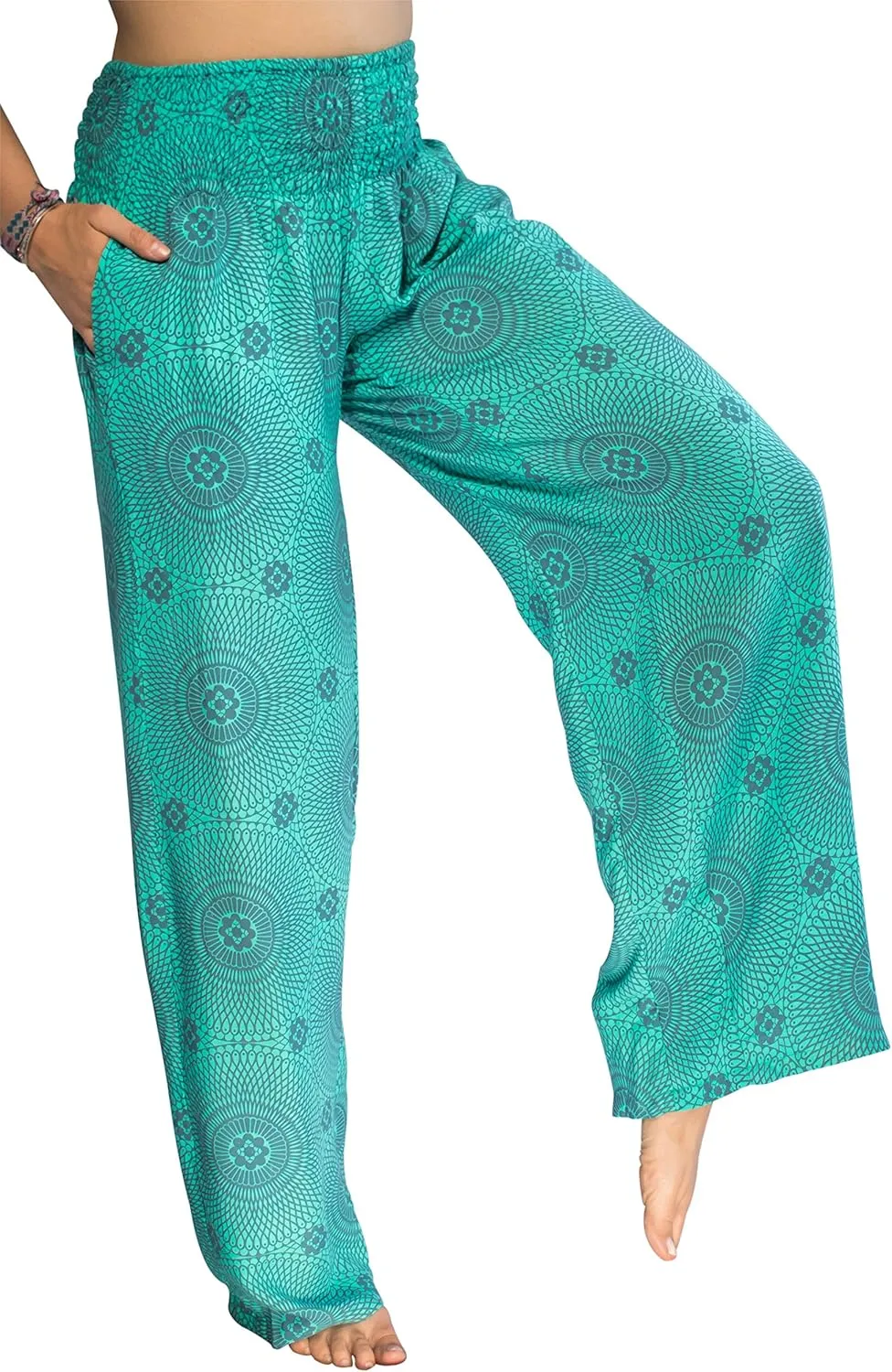 Womens Wide Leg Palazzo Pants, Loose Flare, Smocked High Waist w Pockets