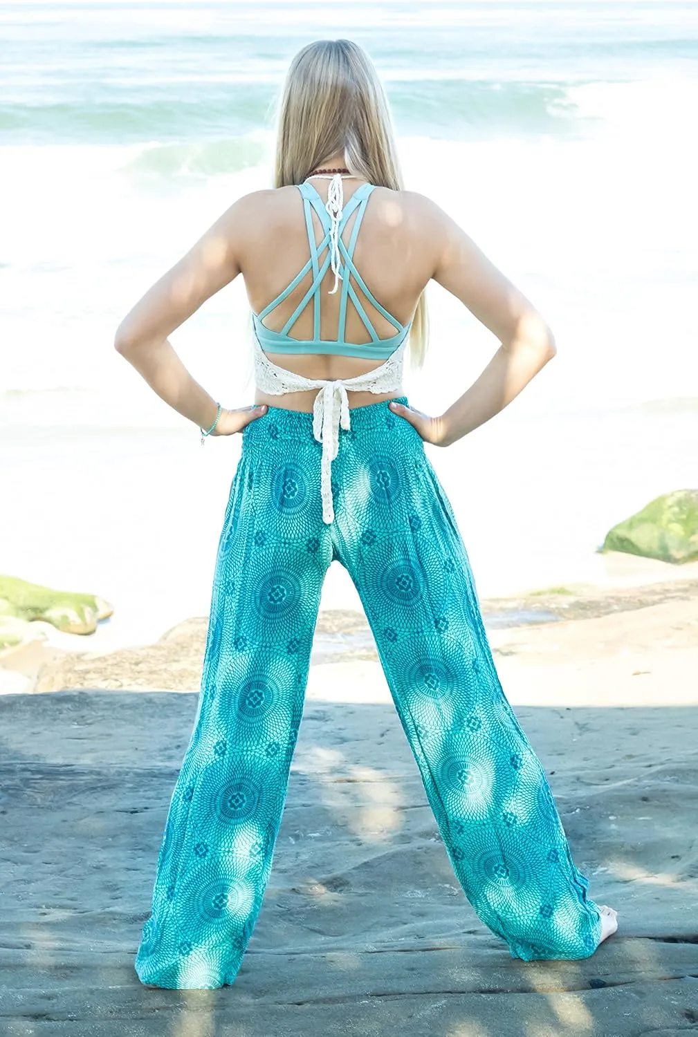 Womens Wide Leg Palazzo Pants, Loose Flare, Smocked High Waist w Pockets