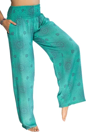 Womens Wide Leg Palazzo Pants, Loose Flare, Smocked High Waist w Pockets