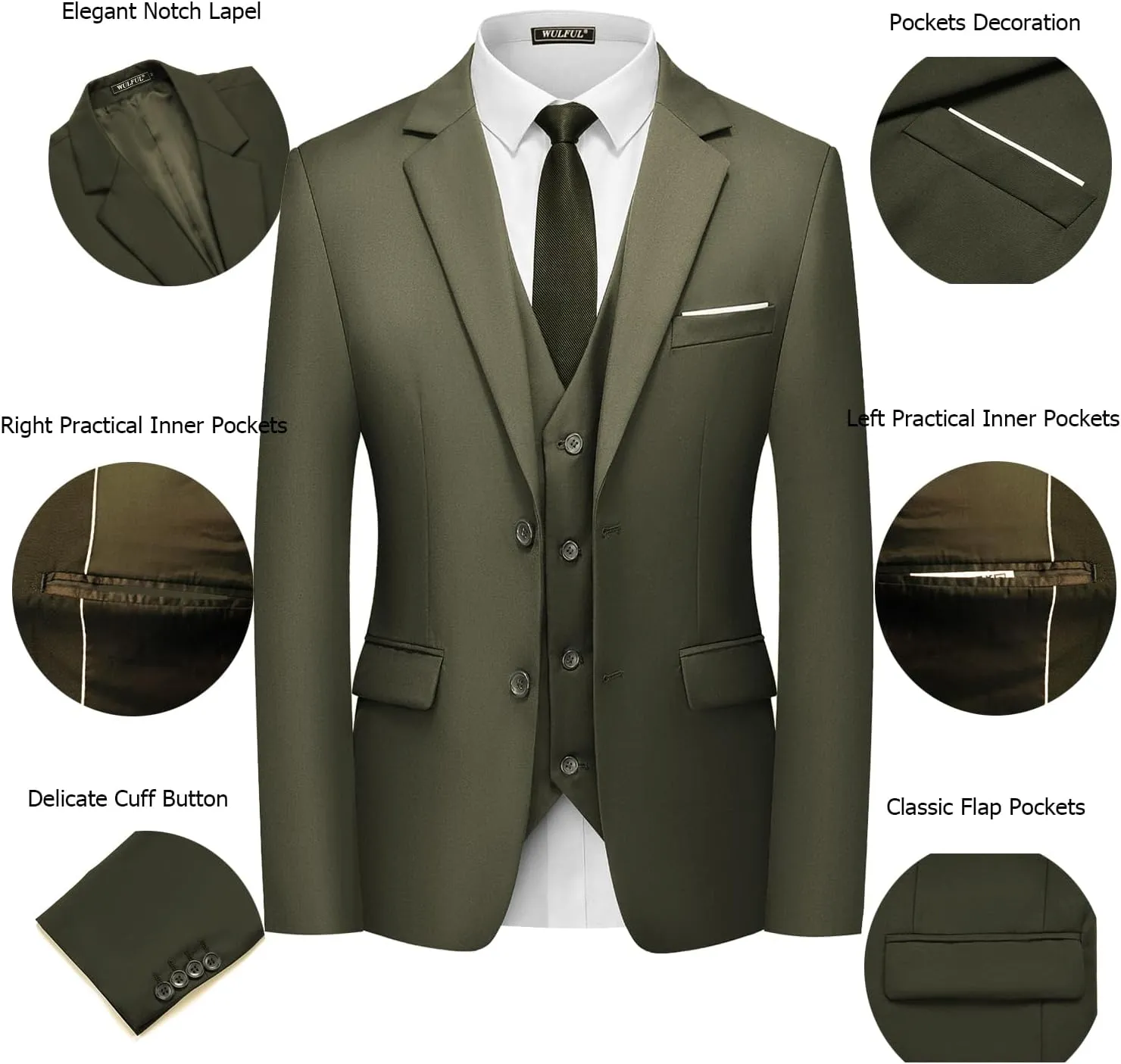 WULFUL Men's 3 Piece Slim Fit Suit Set Two Button Blazer Jacket Vest Pants Tuxedo Set for Party, Wedding and Business