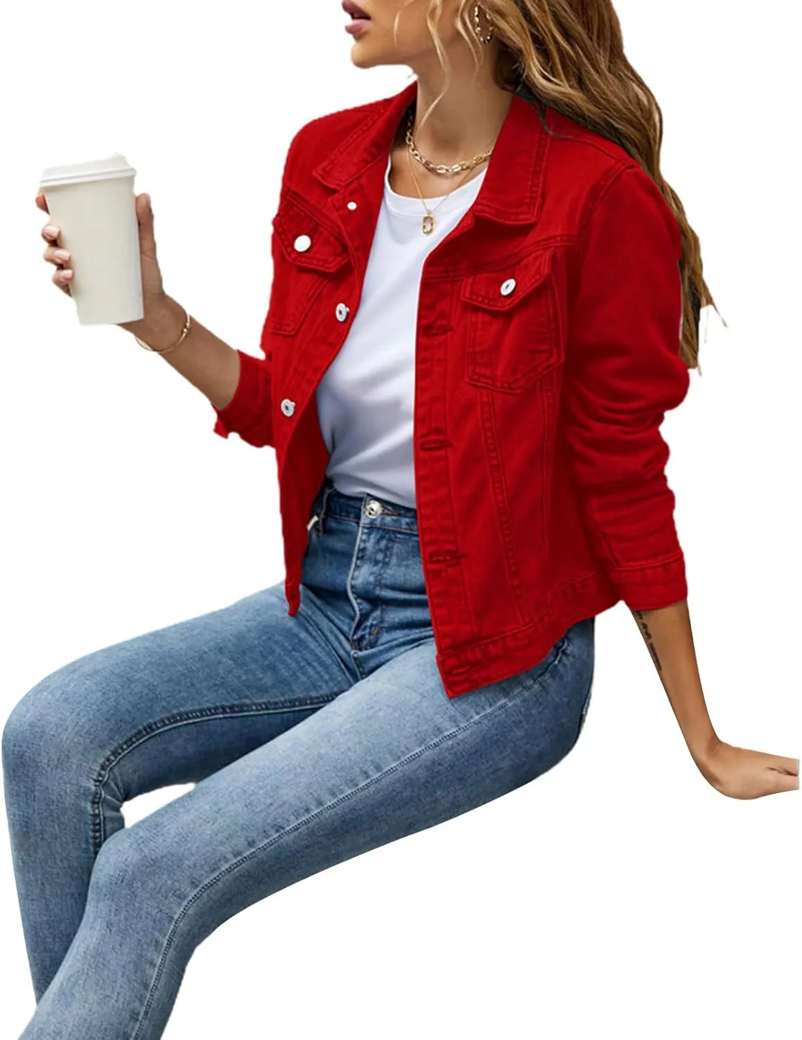 XBTCLXEBCO Women's Cropped Denim Jacket Long Sleeve Lapel Button Down Jean Coat Classic Trucker Jacket Distressed Shacket