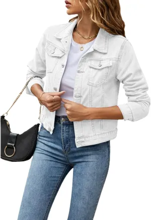 XBTCLXEBCO Women's Cropped Denim Jacket Long Sleeve Lapel Button Down Jean Coat Classic Trucker Jacket Distressed Shacket