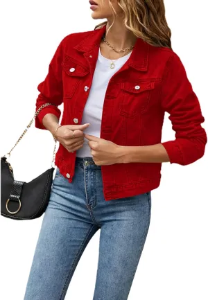 XBTCLXEBCO Women's Cropped Denim Jacket Long Sleeve Lapel Button Down Jean Coat Classic Trucker Jacket Distressed Shacket