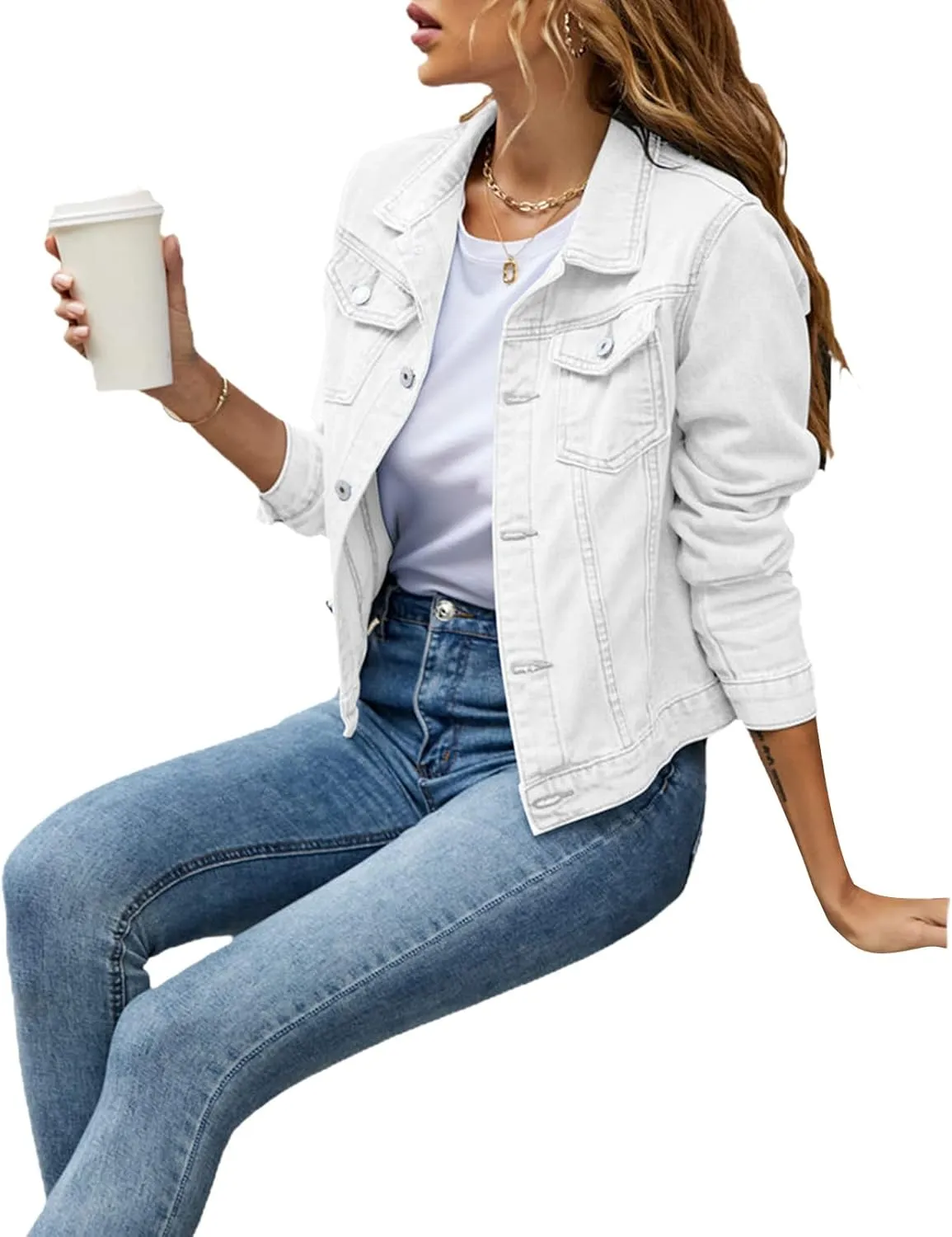 XBTCLXEBCO Women's Cropped Denim Jacket Long Sleeve Lapel Button Down Jean Coat Classic Trucker Jacket Distressed Shacket