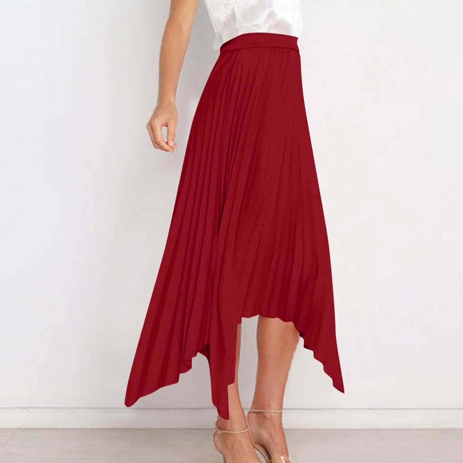 Xiaojmake Pleated Chiffon Skirts for Women High Elastic Waisted Flowy Asymmetrical Skirt Dressy High Low Summer Midi Skirts