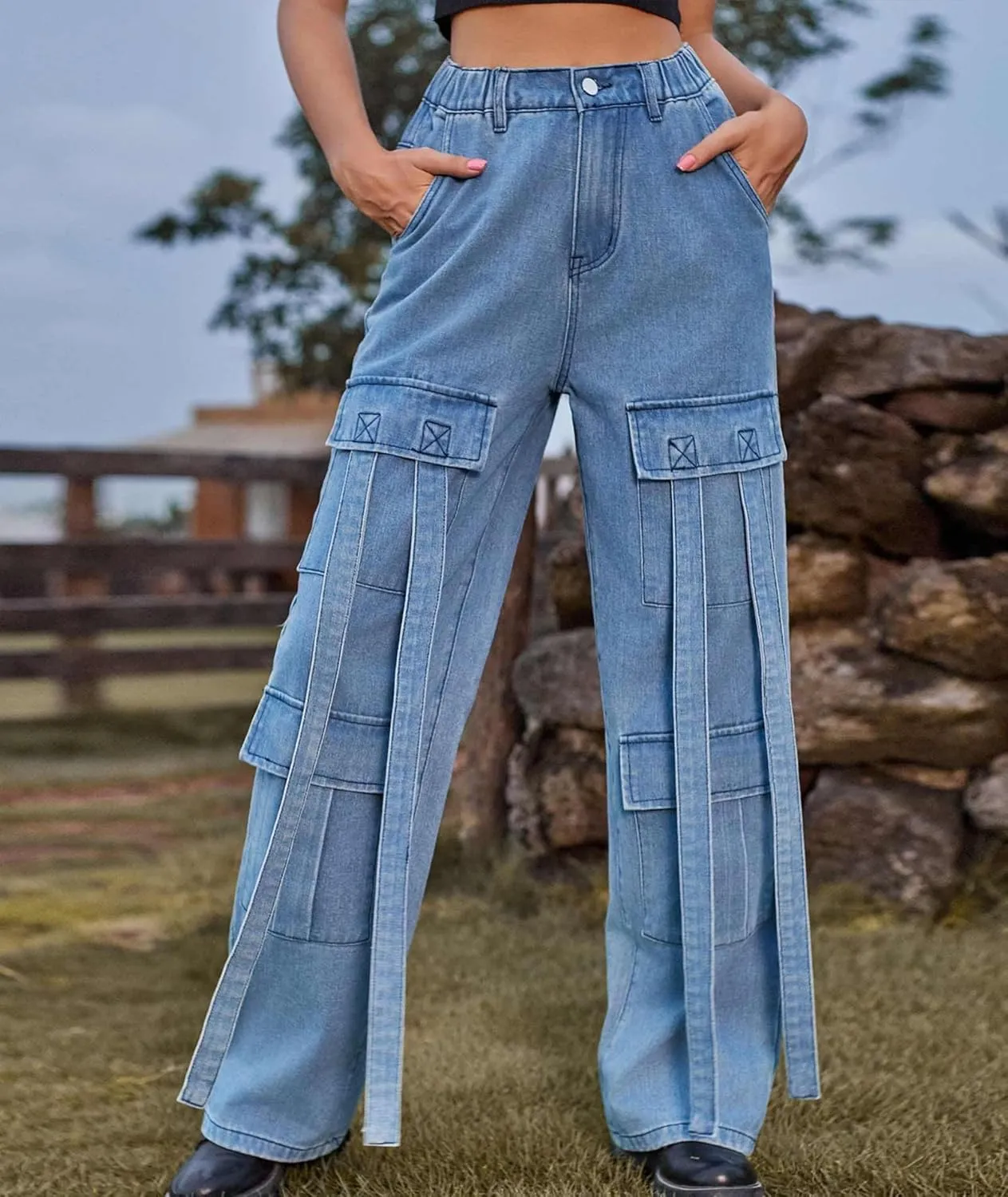 xxxiticat Women's Cargo Jean Pants Casual High Waist Long Ribbon Multi Pockets Wide Leg Baggy Denim Trousers with Pockets