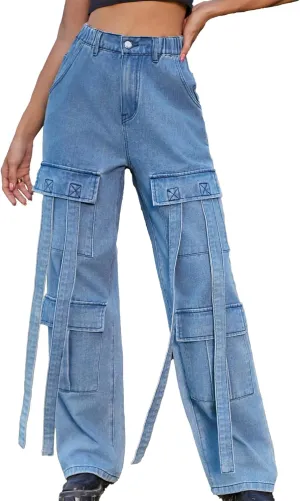 xxxiticat Women's Cargo Jean Pants Casual High Waist Long Ribbon Multi Pockets Wide Leg Baggy Denim Trousers with Pockets