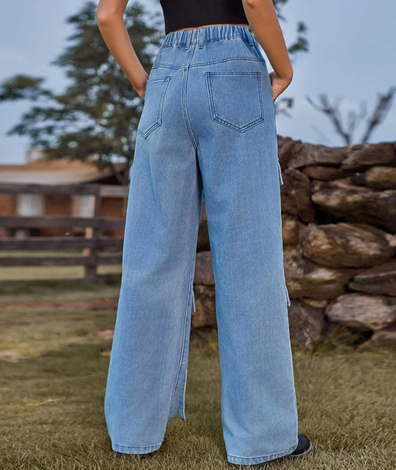 xxxiticat Women's Cargo Jean Pants Casual High Waist Long Ribbon Multi Pockets Wide Leg Baggy Denim Trousers with Pockets