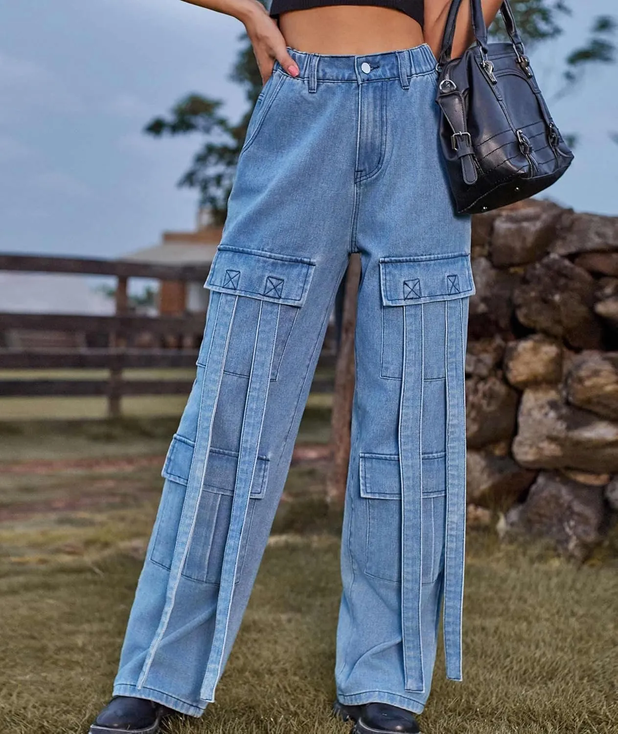 xxxiticat Women's Cargo Jean Pants Casual High Waist Long Ribbon Multi Pockets Wide Leg Baggy Denim Trousers with Pockets