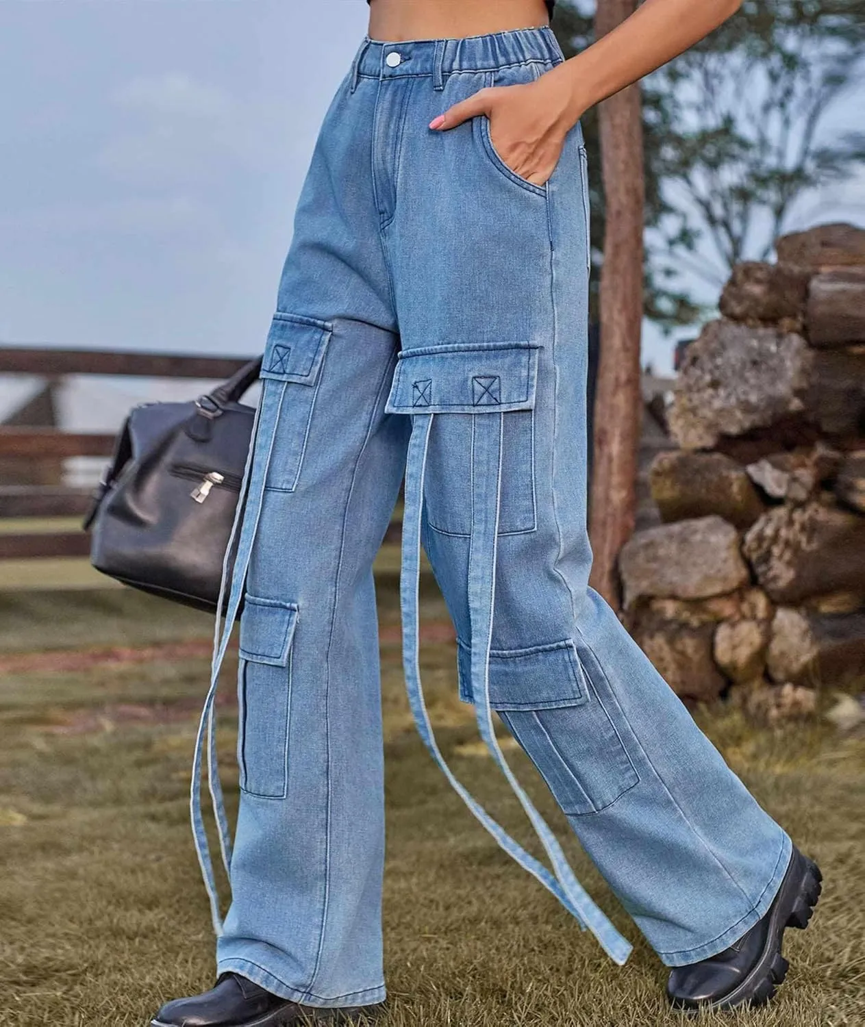 xxxiticat Women's Cargo Jean Pants Casual High Waist Long Ribbon Multi Pockets Wide Leg Baggy Denim Trousers with Pockets