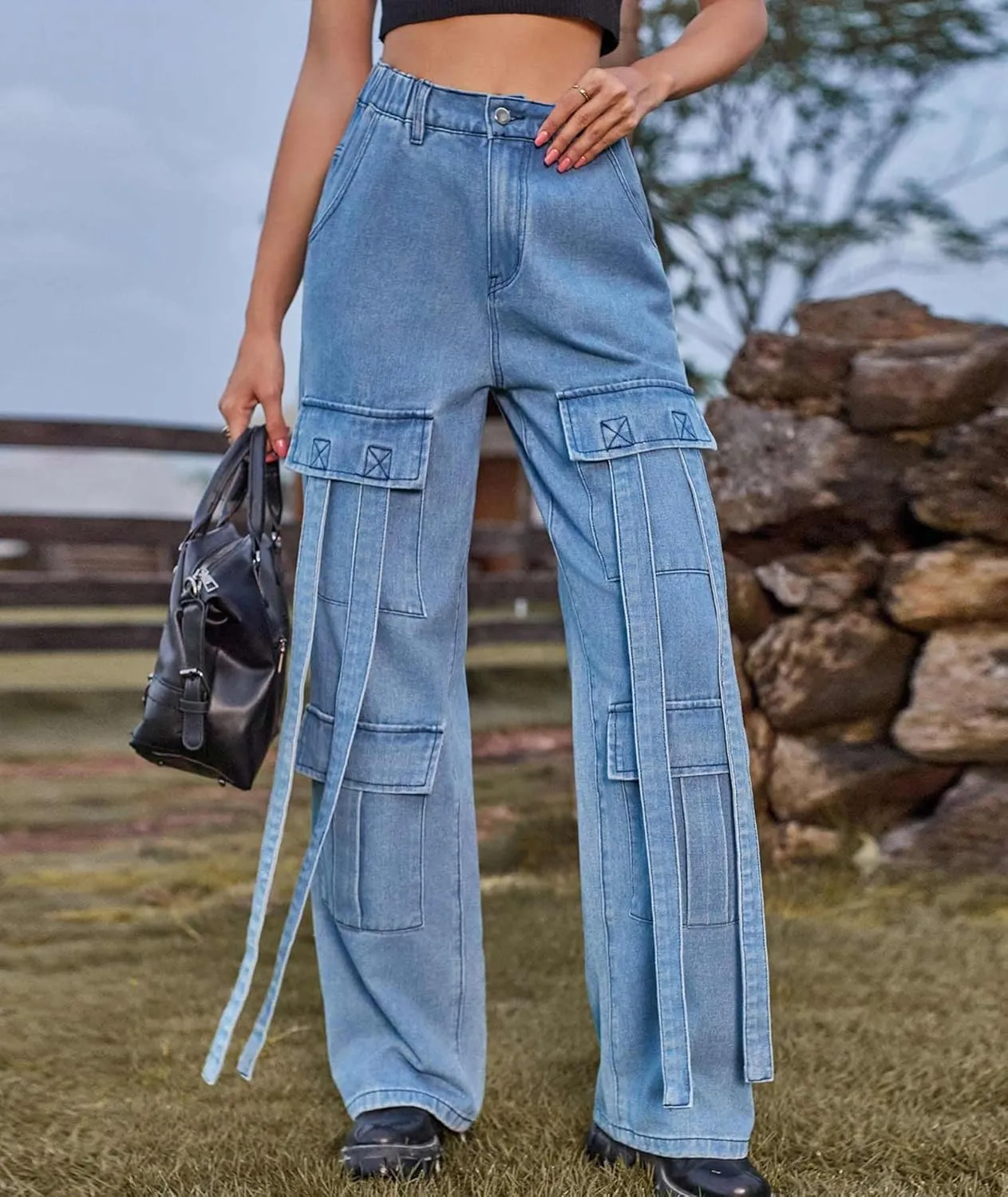 xxxiticat Women's Cargo Jean Pants Casual High Waist Long Ribbon Multi Pockets Wide Leg Baggy Denim Trousers with Pockets