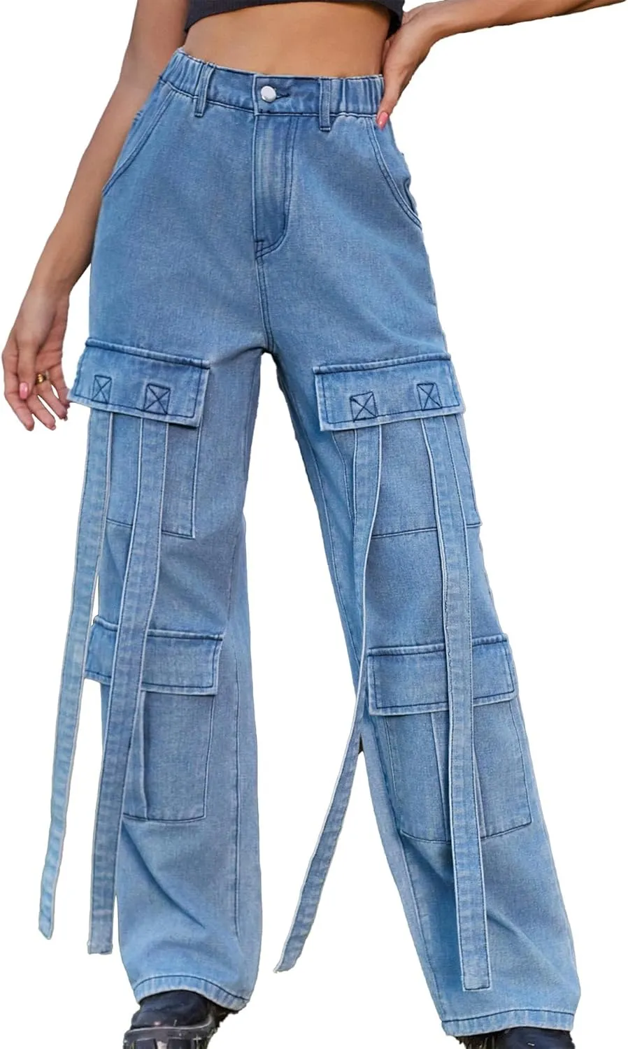xxxiticat Women's Cargo Jean Pants Casual High Waist Long Ribbon Multi Pockets Wide Leg Baggy Denim Trousers with Pockets