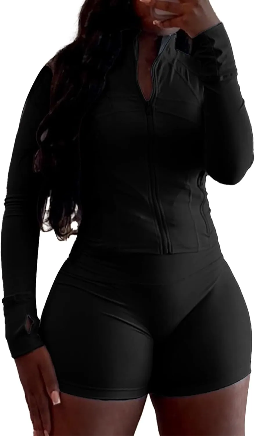 XZLUFNY Two Piece Short Sets for Women Long Sleeve Sport Jacket Bodycon Short Tracksuit Sweatsuit