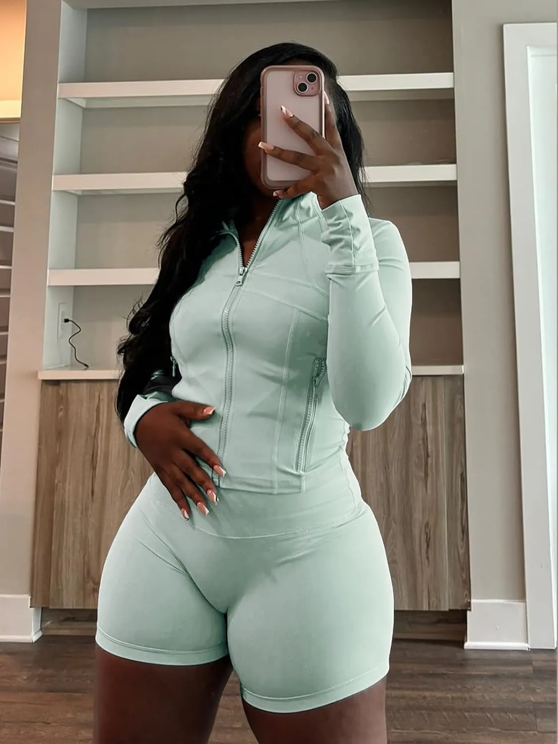 XZLUFNY Two Piece Short Sets for Women Long Sleeve Sport Jacket Bodycon Short Tracksuit Sweatsuit