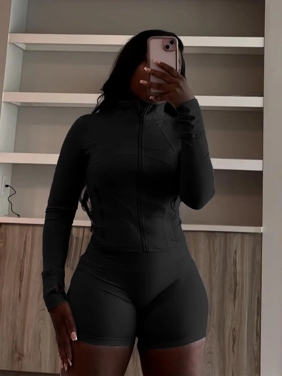 XZLUFNY Two Piece Short Sets for Women Long Sleeve Sport Jacket Bodycon Short Tracksuit Sweatsuit