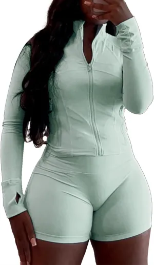 XZLUFNY Two Piece Short Sets for Women Long Sleeve Sport Jacket Bodycon Short Tracksuit Sweatsuit