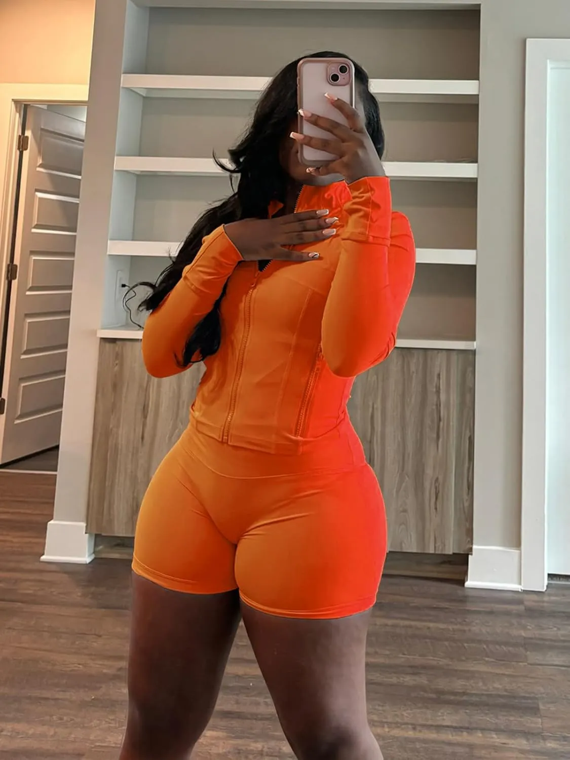 XZLUFNY Two Piece Short Sets for Women Long Sleeve Sport Jacket Bodycon Short Tracksuit Sweatsuit