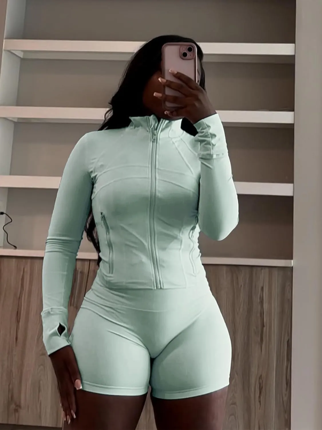 XZLUFNY Two Piece Short Sets for Women Long Sleeve Sport Jacket Bodycon Short Tracksuit Sweatsuit