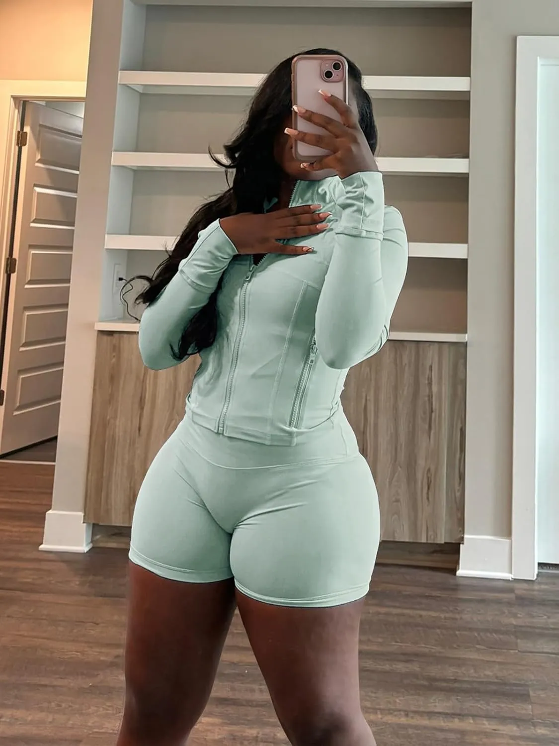XZLUFNY Two Piece Short Sets for Women Long Sleeve Sport Jacket Bodycon Short Tracksuit Sweatsuit