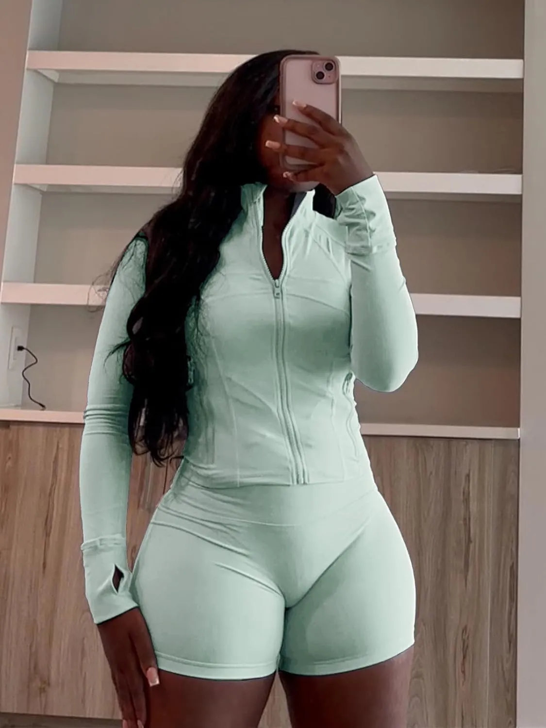 XZLUFNY Two Piece Short Sets for Women Long Sleeve Sport Jacket Bodycon Short Tracksuit Sweatsuit