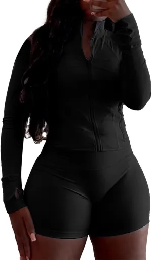 XZLUFNY Two Piece Short Sets for Women Long Sleeve Sport Jacket Bodycon Short Tracksuit Sweatsuit