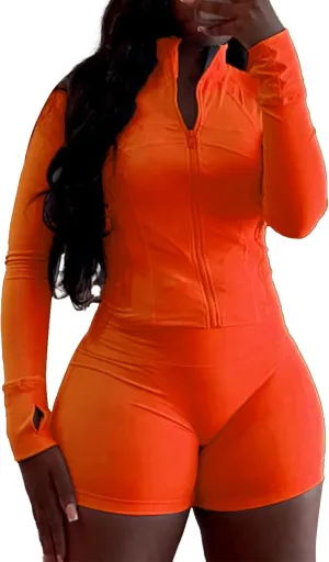 XZLUFNY Two Piece Short Sets for Women Long Sleeve Sport Jacket Bodycon Short Tracksuit Sweatsuit