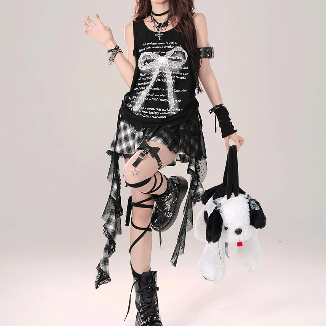 Y2K Gothic Kawaii Vintage Casual Elastic Waist Irregular Polka Dot Lace Ribbon Trim Pleated Plaid Skirt
