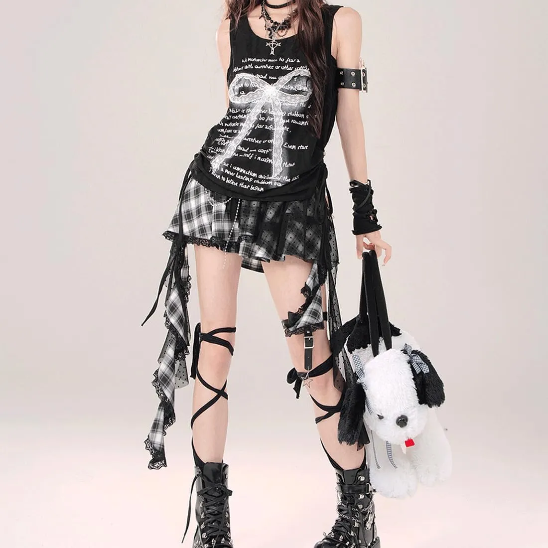 Y2K Gothic Kawaii Vintage Casual Elastic Waist Irregular Polka Dot Lace Ribbon Trim Pleated Plaid Skirt