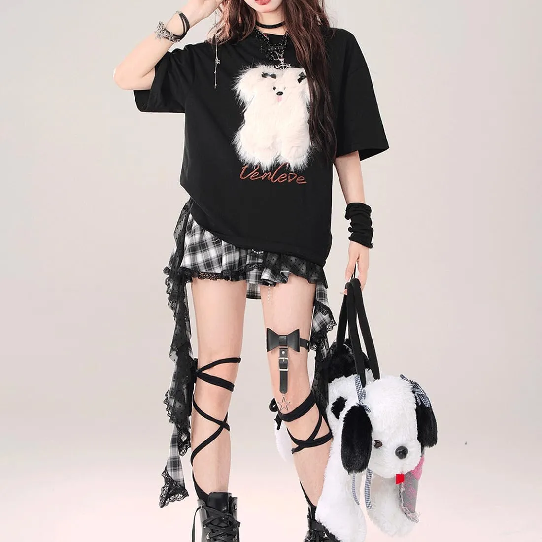Y2K Gothic Kawaii Vintage Casual Elastic Waist Irregular Polka Dot Lace Ribbon Trim Pleated Plaid Skirt